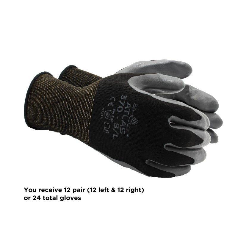 SHOWA Atlas 370 Nitrile Palm Coated General Purpose Work Gloves with Nylon Liner, Black, Small (12 Pair) - Image 3